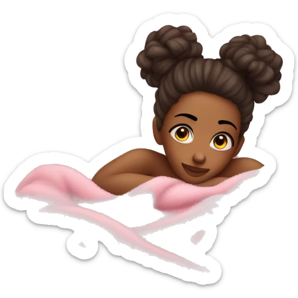 a girl laying down in bed with a messy bun with a pink fuzzy comfy blanket on top of her , make the girl really pretty  sticker
