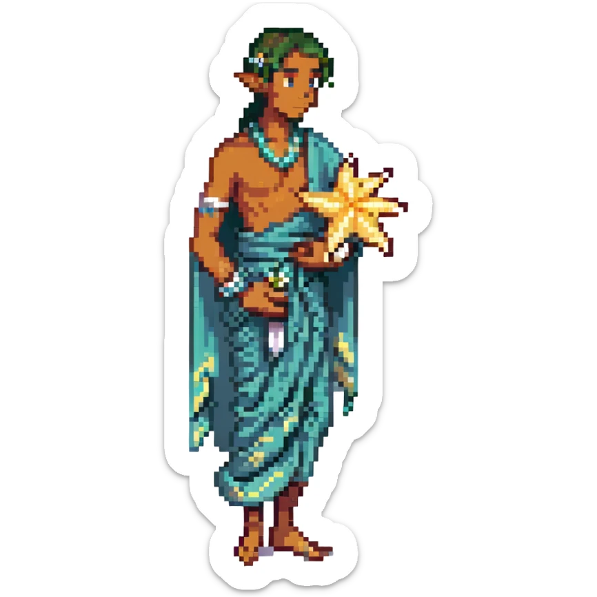 elf male Sarong with bioluminescent embroidery, armful of starfish, hair in a braid with pearl pins sticker