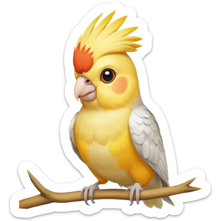 lutino cockatiel emoji, perched and facing forward, bright yellow with orange cheek patches sticker