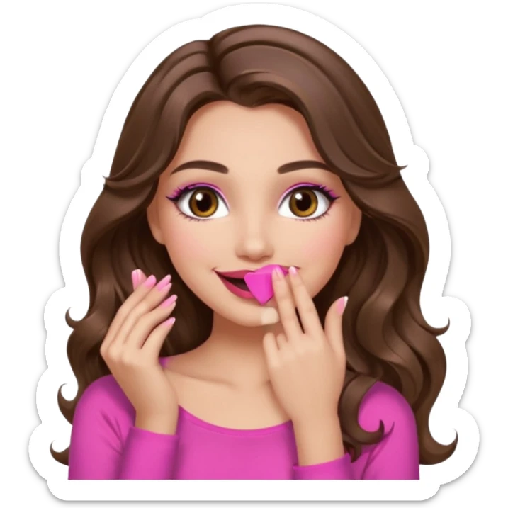 girl with long wavy brown hair, brown eyes, long lashes makeup, sexy pink lips, light to medium complexion, pink sexy top, smiling, hand covering  sticker