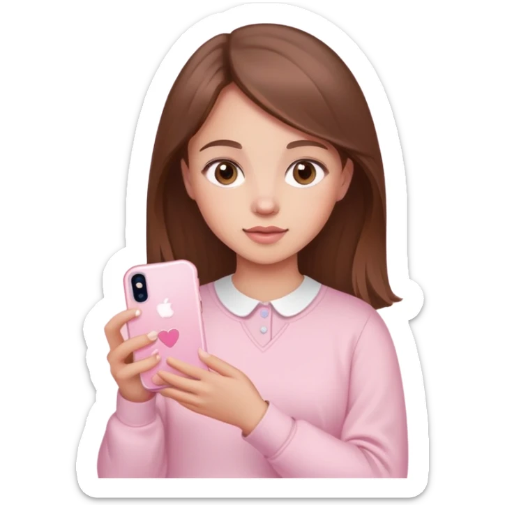 a brown haired girl with brown eyes and light skin with a baby pink background and a baby pink iPhone in her hand taking a selfie sticker