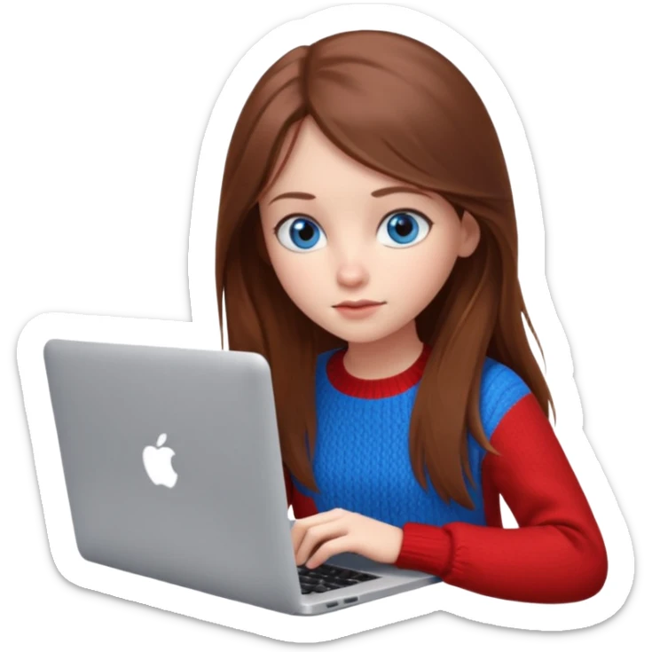 Emoji of a cute 3D girl with long brown hair and blue eyes, wearing a red sweater, focused working on a MacBook laptop, white background sticker