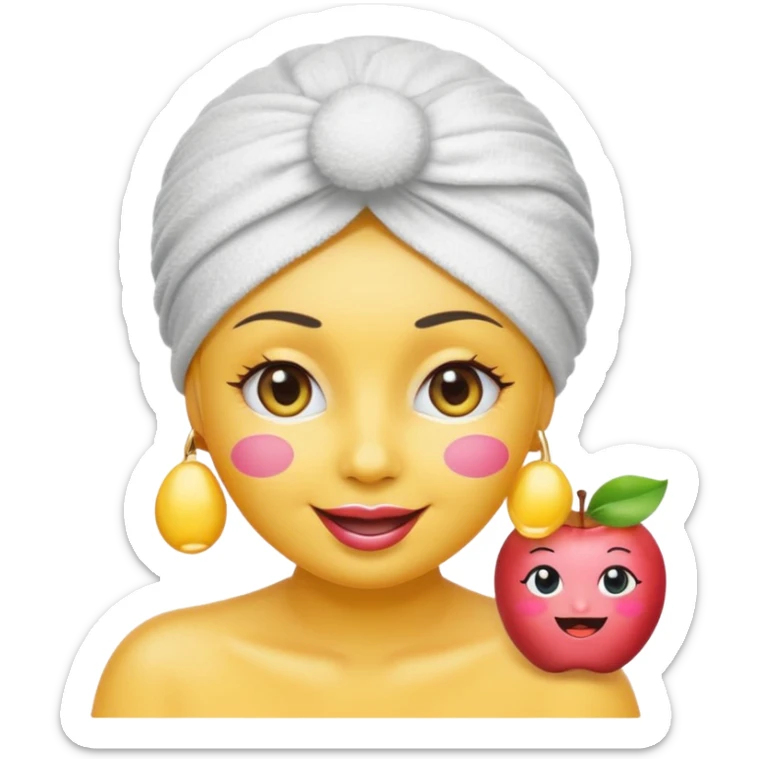 classic round yellow emoji face with big smile, simple emoji-style eyes with eyelashes, blush on cheeks, wearing a white towel turban, a tube of lipstick floating next to the face, apple style emoji, not human-like sticker