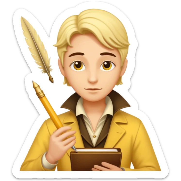 a romance novelist, romantic, dizzy, yellow tone skin, with a quill pen sticker