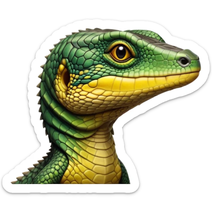cinematic-realistic-cute-monitor-lizard-portrait-emoji,-head-tilted-playfully-and-inquisitively,-featuring-a-compact,-agile-body-with-finely-detailed,-glossy-scales-in-earthy-black and yellow-hues-and-a-distinct,-alert-face-with-bright,-curious-eyes, black , yellow spotted and green band  scales and a big long neck sticker