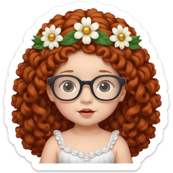 baby with big flower tiara dark ginger long curly hair and glassess sticker