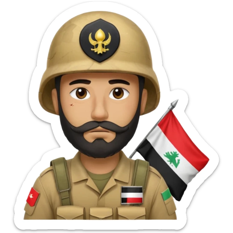 A very tired and sad, swarthy Iraqi soldier with a beard, an Iraqi flag on his helmet, a sad expression and bags under his eyes sticker