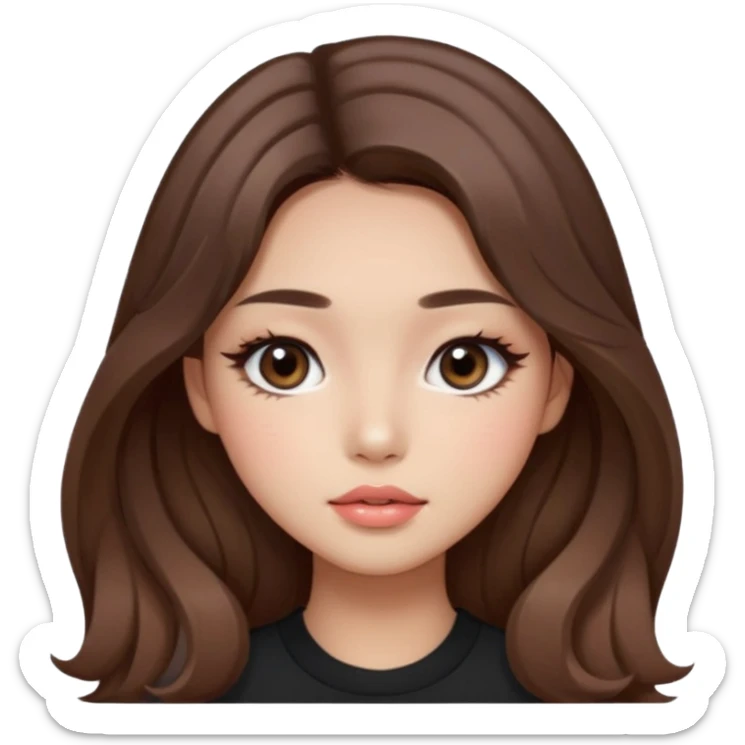 “korean straight brown hair Emoji girl, soft eyeliner and blush, gradient lips, light brown shimmer eyeshadow, long wavy hair,  sticker