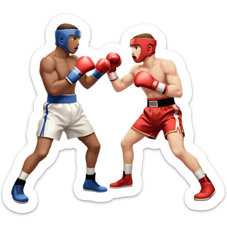 An icon showing two professional boxers in the middle of an intense fight in the ring. They are wearing gloves and protective gear, with one boxer throwing a punch while the other dodges. The background features bright lights, a cheering crowd, and the ropes of the boxing ring. sticker