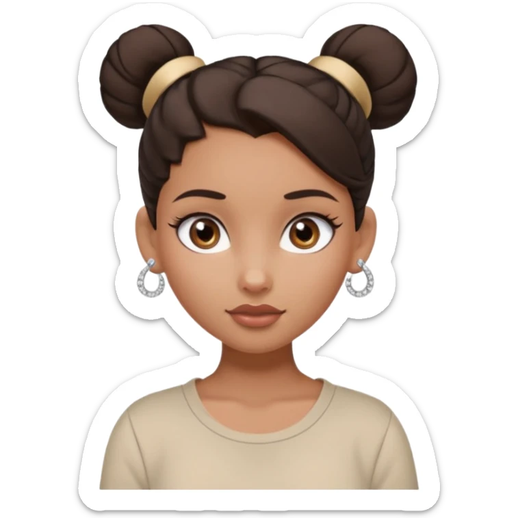generate a pretty bratz girl with dark brown eyes. Dark brown hair tied in a single bun, tight beige shirt with top shirt open. diamond studs in ears. airpods in ear sticker