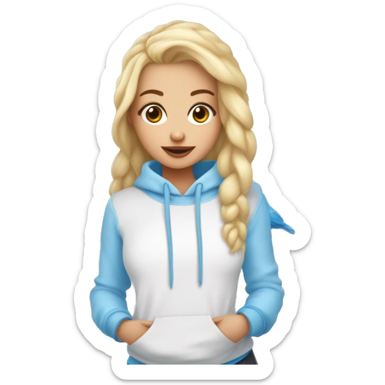 Crea una chica de piel blanca pelo cafeclaro con una sudadera azul claro y que tenga alado unos pajaritos agapornis  sticker