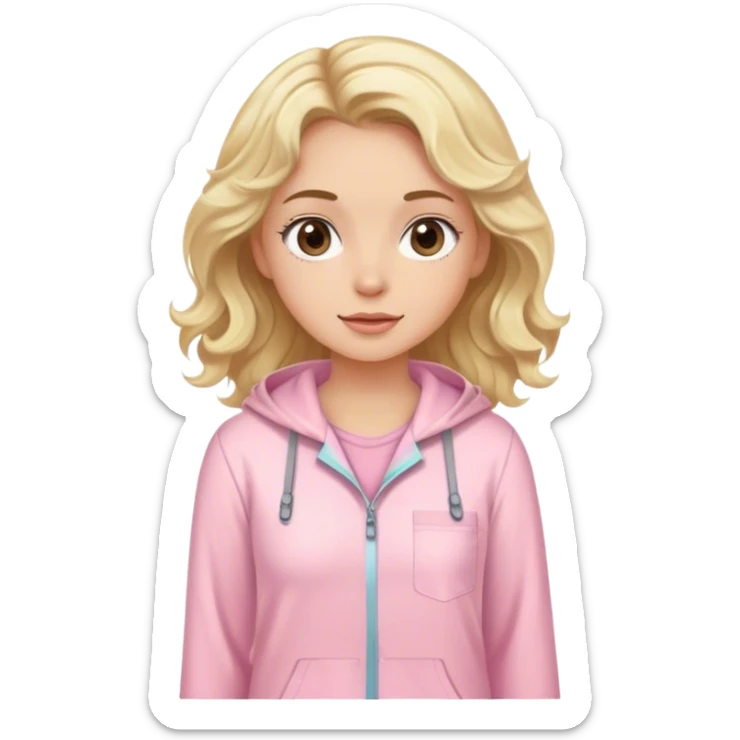 Blonde model with brown eyes, wavy hair, pastel pink pajamas, hiking fashion  sticker