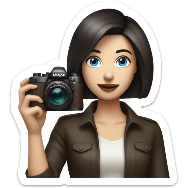 Portrait of stylish woman with blue eyes and dark brown bob hair holding a nikon camera sticker