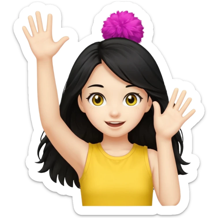 A long black hair teen girl waving pom-poms, eyes sparkling with excitement, yellow top sticker