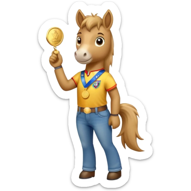 anthropomorphised horse wearing jeans, a t-shirt, and a gold medal sticker