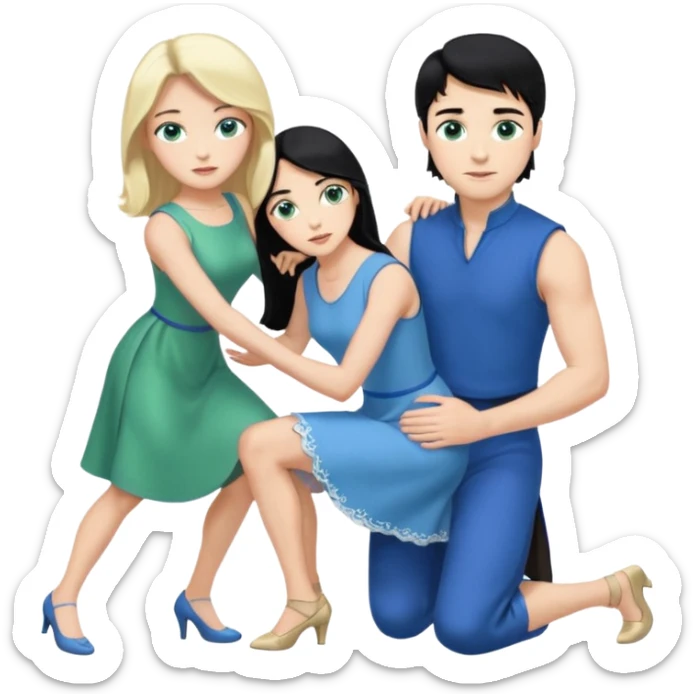prince, upright, black Hair, blue eyes, blue garment,  Woman, blonde Hair, Green eyes, bending knee, sleveless White Dress, sticker