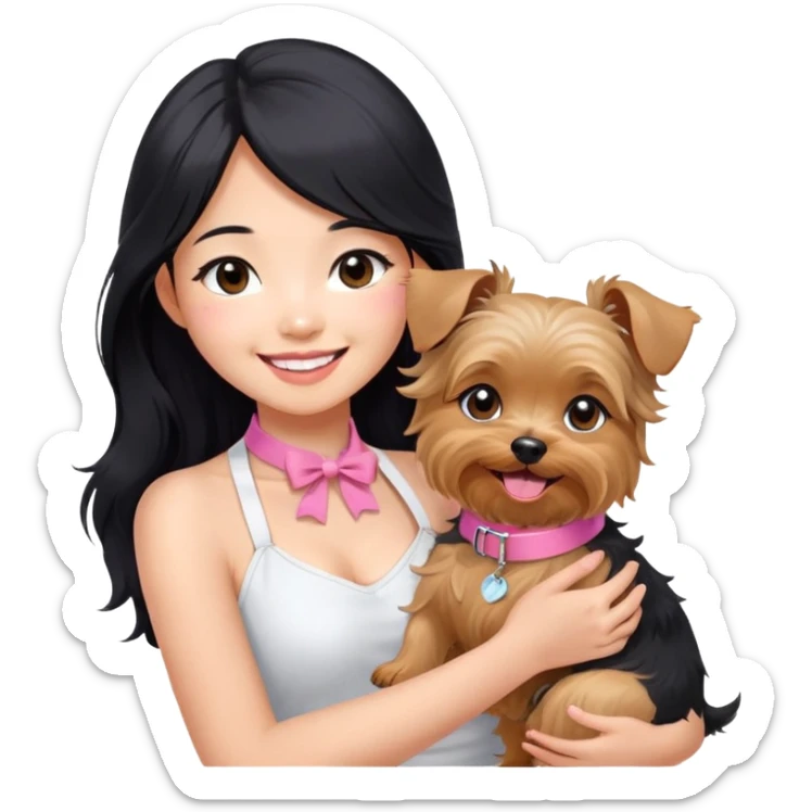 Pretty Asian girl with long, luscious wavy black hair, no hair tie, wearing a cute sleeveless white halter top, smiling warmly while carrying a Yorkshire Terrier with a pink collar in her arms sticker