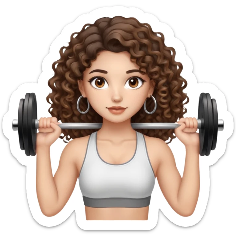 cute girl long brunette balayage curly/wavy not voluminous hair, brown eyes, hoop earrings, natural pretty clean makeup: LIFTING TWO WEIGHTS AT THE GYM sticker