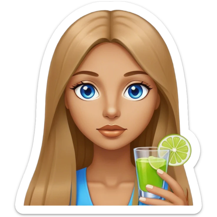 tan woman, long light brown straight hair, blue eyes, holding a shot with lime sticker