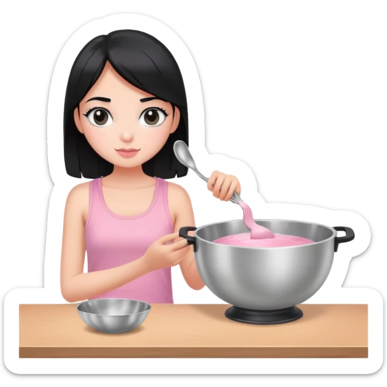 girl with black hair and black eyes white tone skin wearing pink pastel tanktop, and holding a silver bowl cooking or mixing something sticker