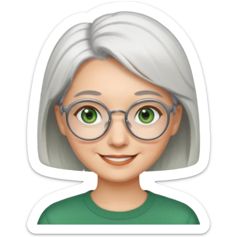 visage femme a lunettes ronde avec cheveux courts gris-blancs aux yeux verts qui souris sticker