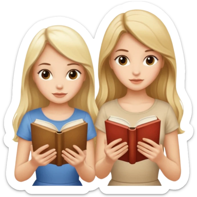 two beautiful girls in beige tops reading a beautiful vintage book. one brunette, the other blonde. both with long hair with and beige T-shirt  sticker