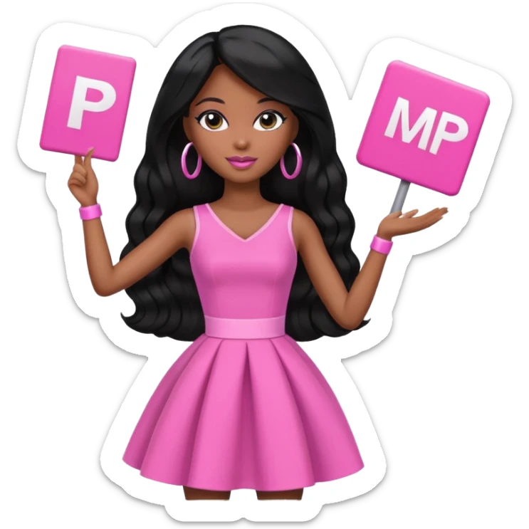 Black barbie, long black  hair, pink dress holding mvp sign  sticker