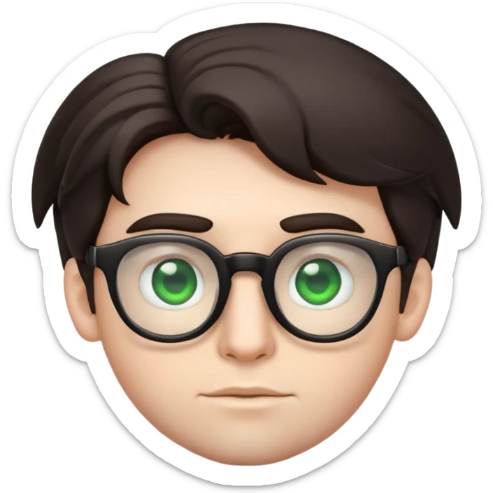 young male emoji with wide face, fuller lips, very poofy voluminous dark straight hair (not curly), big ears, pale skin, glasses, green eyes set wider apart, very light stubble sticker