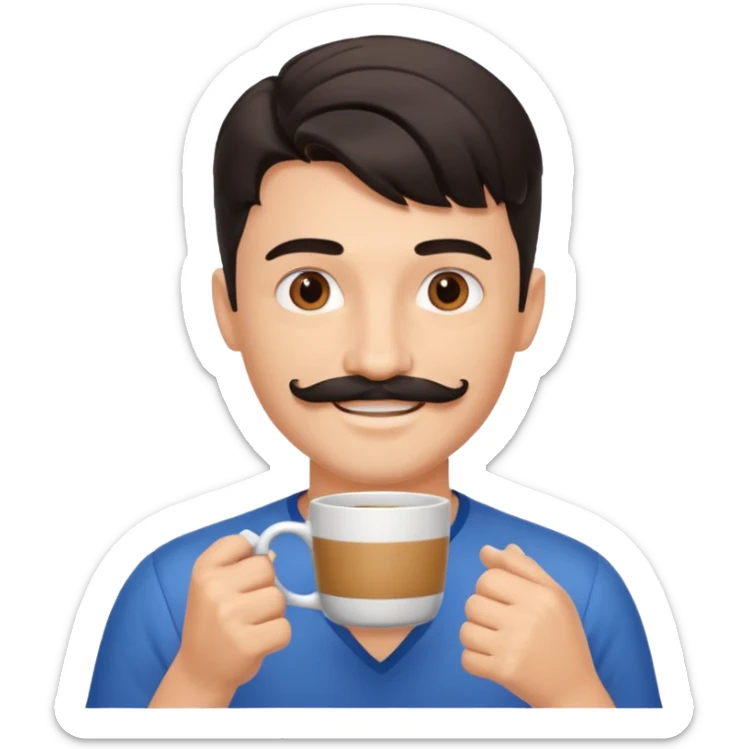 generate an ios genmoji of a fair young guy with black mustache, mullet hairstyle, drinking coffee sticker