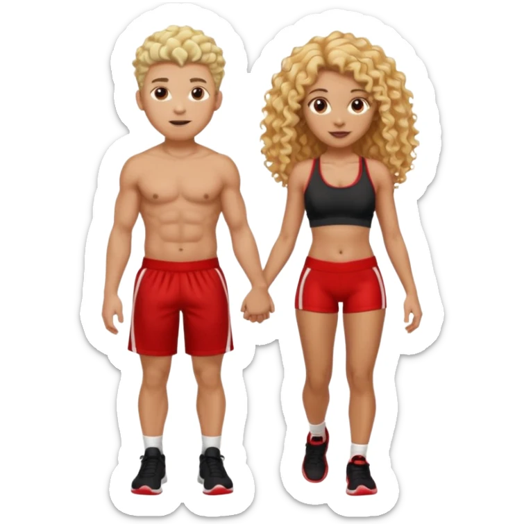athletic man, high top fade, blonde curly hair only top only, no shirt and Athletic girl with long light red wavy long hair and black sports, Put them together kissing, or holding hands sticker