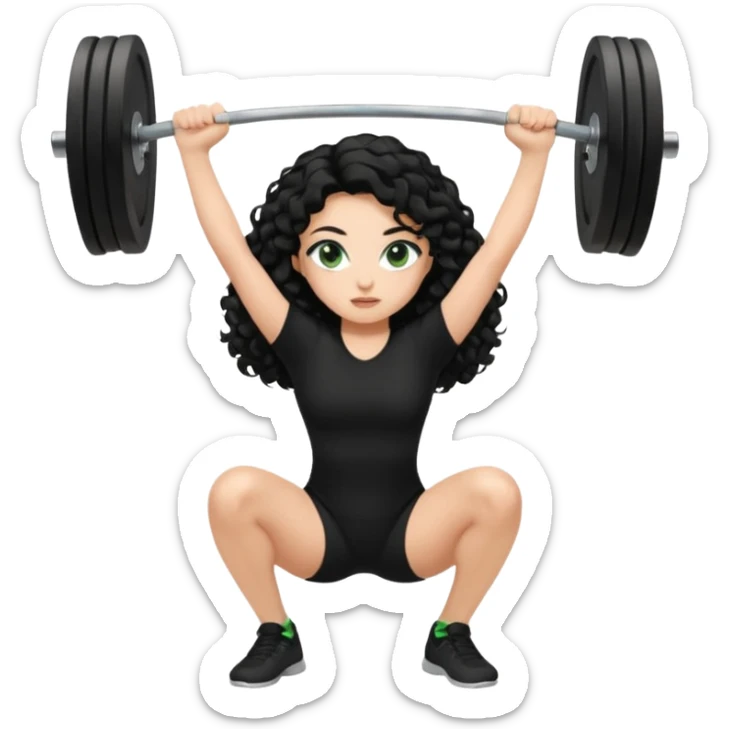 “Generate an image of a girl performing a snatch lift. She is Caucasian, has long curly black hair, green eyes, and long eyelashes. She is wearing a black shirt. The background can be black. sticker