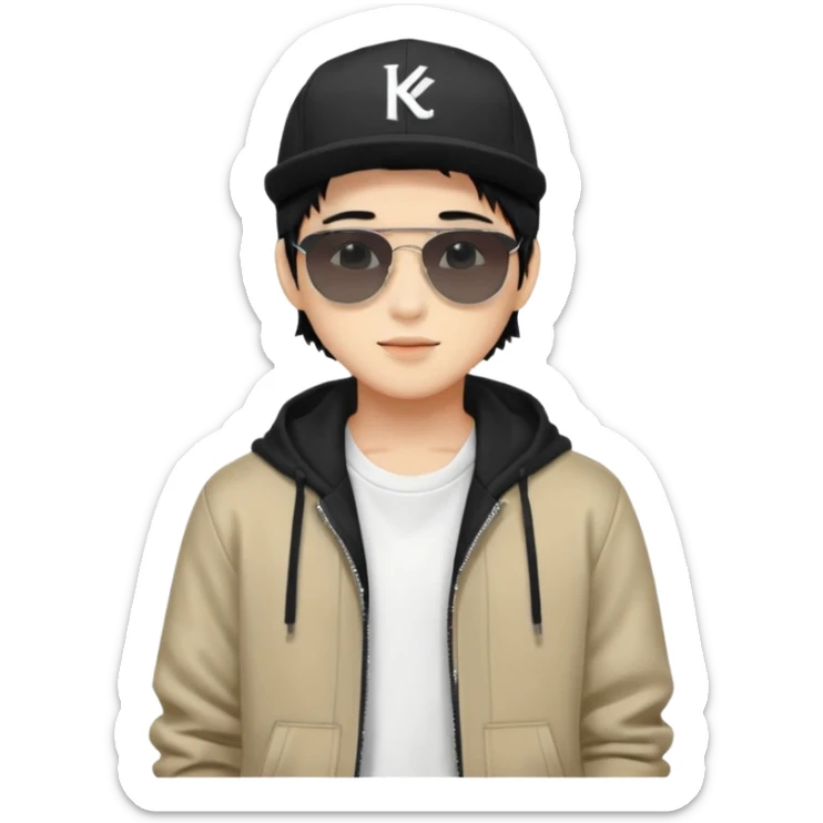 Portrait of a male K-pop idol, wearing a stylish streetwear outfit with layered clothing, makeup, wearing a black cap, happy, sunglasses sticker