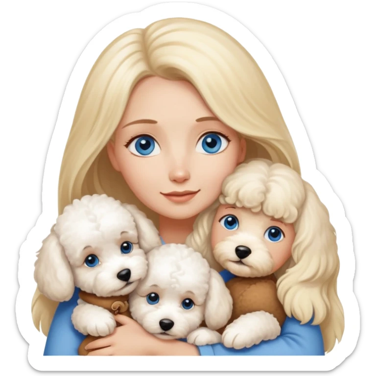 Blonde blue-eyed long-haired mother hugs two dogs, a Bichon Frise and a Teddy sticker