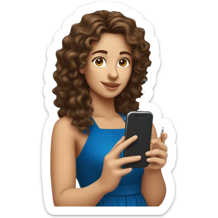 Spain woman content creator with long curly brown hair in blue dress and with smartphone  sticker