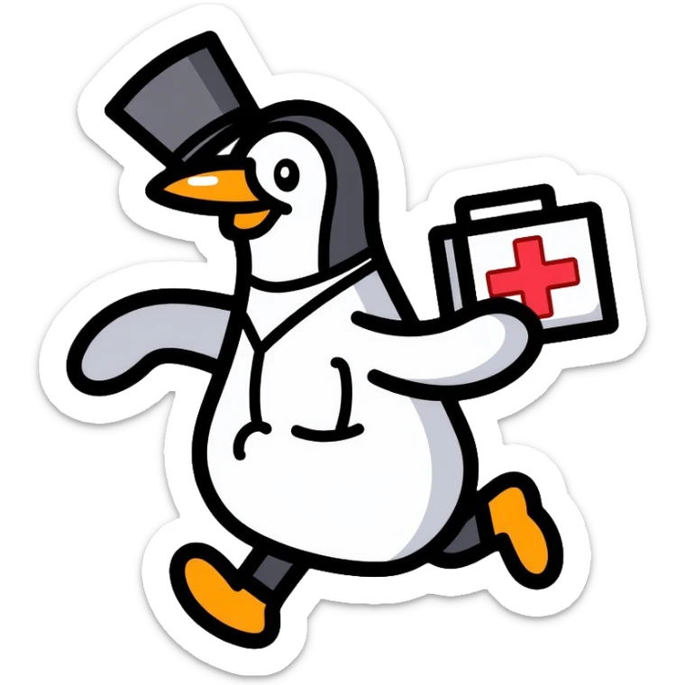 Side view of a penguin doctor running, wearing a top hat, holding a medical box with a red cross sticker