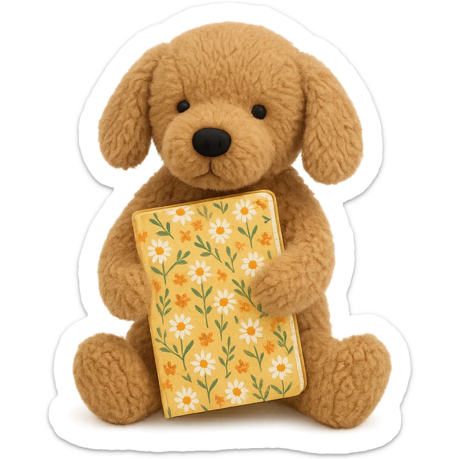 Jellycat style brown golden retriever puppy holding a yellow floral journal  sticker