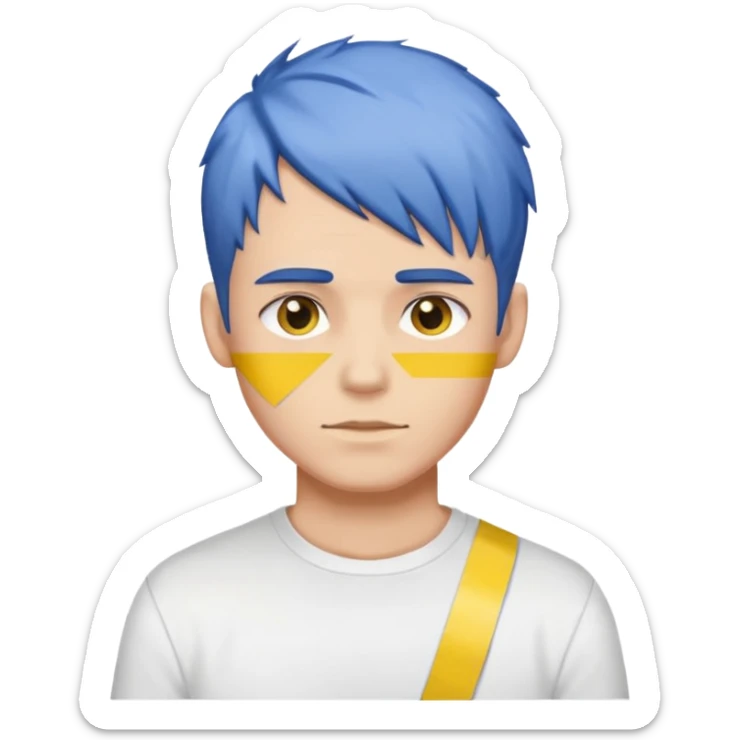 Make me an emoji that has a guy with a white shirt and yellow tape around the shirt with brown and blue hair  sticker