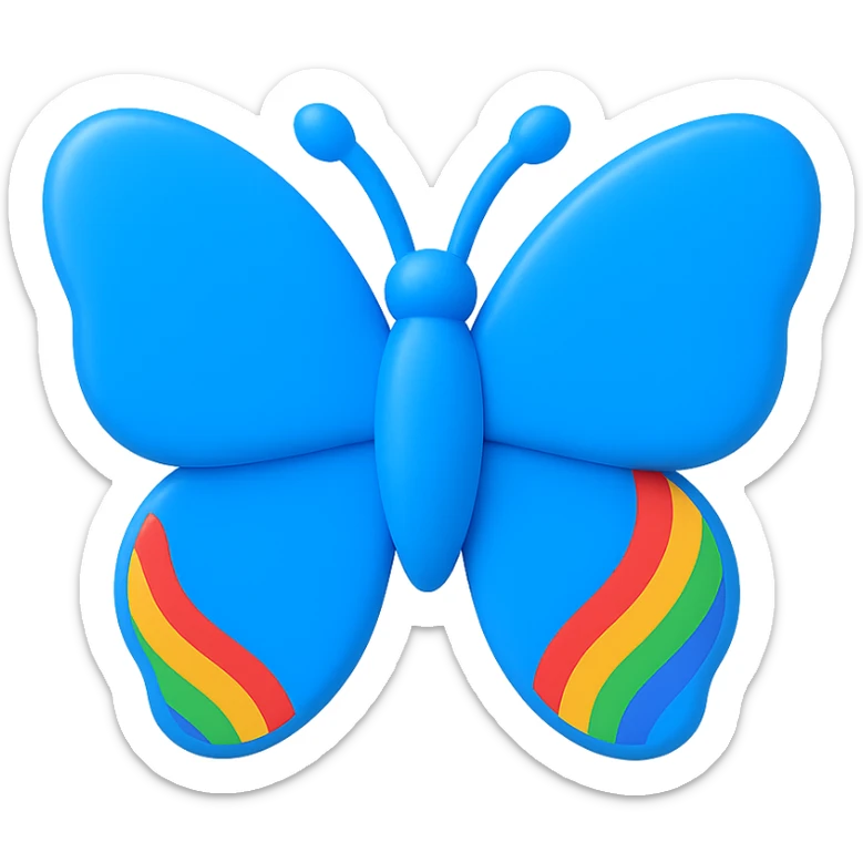a butterfly with shiny blue wings with rainbow pride accents, 3D look sticker
