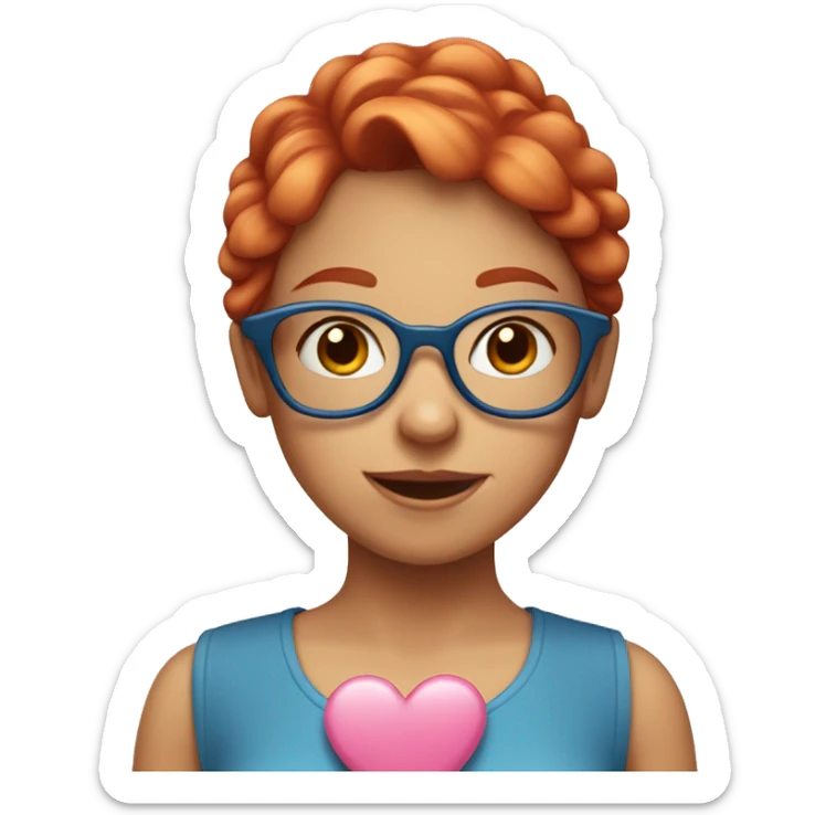 Emoji of a red-haired girl in glasses, wearing a blue dress and holding a pink heart, with a sweet and friendly expression. sticker