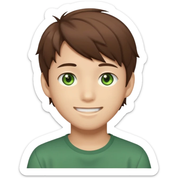 Discord emoji. the face of an Anime asian style teen boy with brown hair, green eyes, looking smiling slightly sideways positioned. Face must be main filling of the frame.  128px sticker