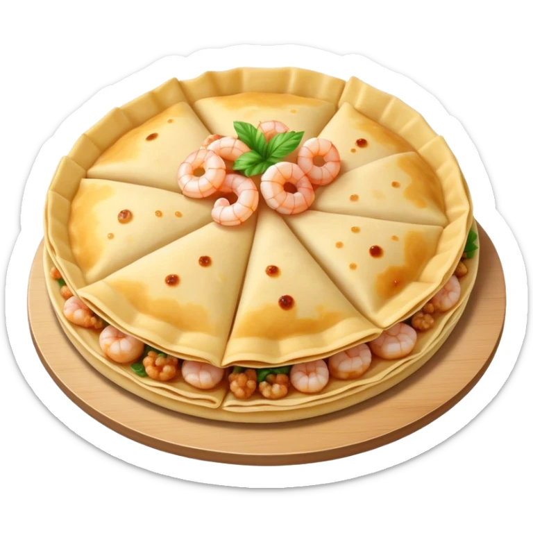 Bánh Xèo Cinematic Realistic Bánh Xèo Dish Emoji, depicted as a crispy, folded semi circle crepe filled with tiny shrimp and pork, rendered with dynamic textures and vibrant, appetizing lighting. sticker