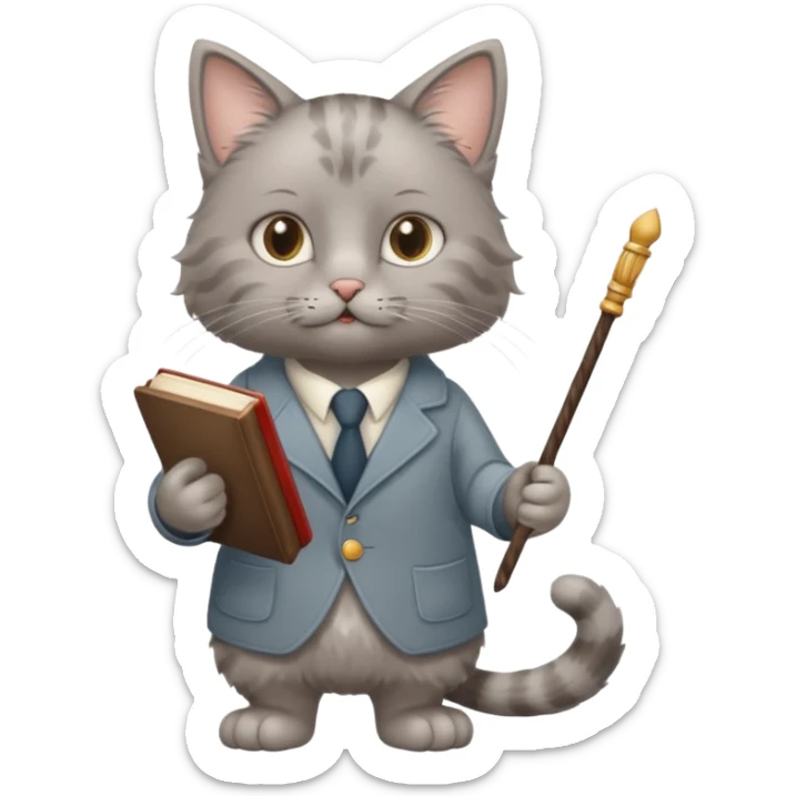 A cat with a mirror on its feet, a book in one hand, a teacher's stick in the other, and hair that looks like Einstein's. sticker