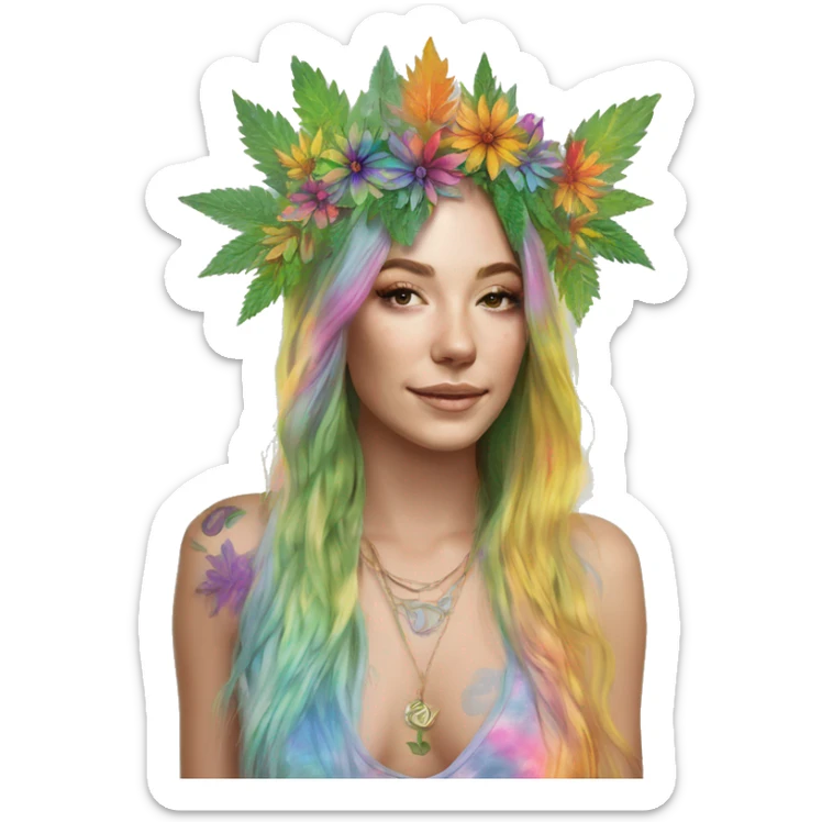 420 Tie dye hippie person flower crown tattoos hemp leaves metallic iridescent holographic sticker