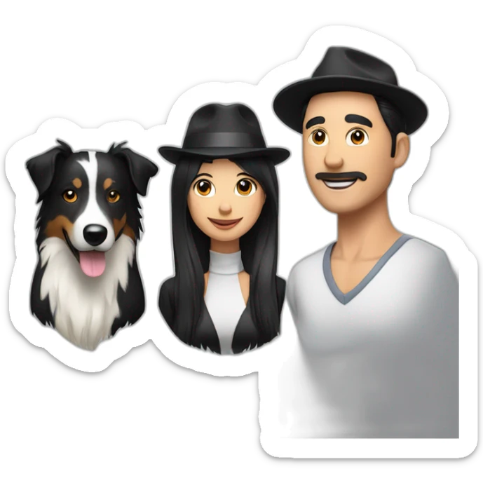 group of 3 consisting of man in hat and woman with black ponytail long hair and small black border collie dog sticker