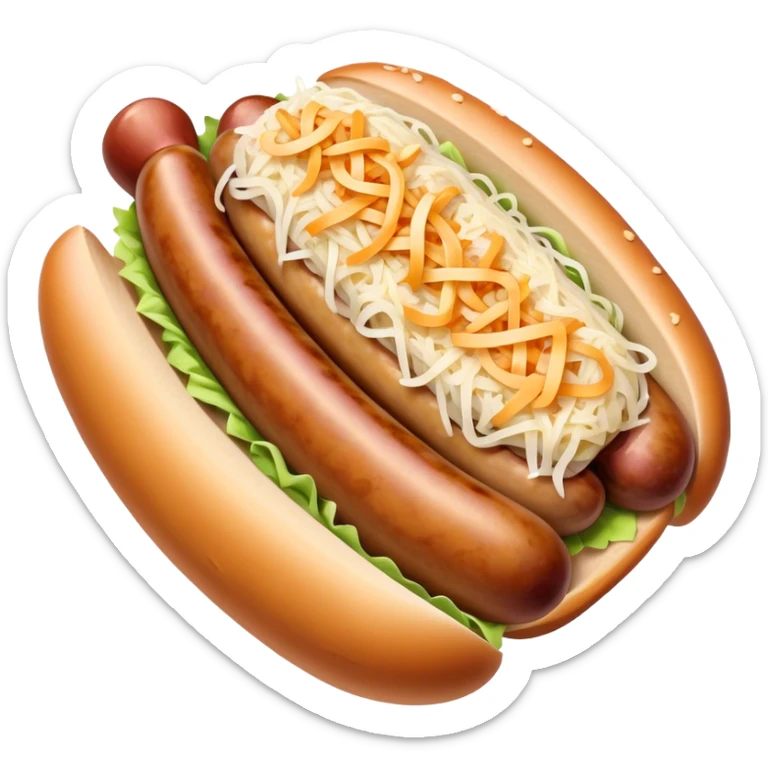Bratwurst Cinematic Realistic Bratwurst Dish Emoji, depicted as a grilled bratwurst topped with a generous serving of shredded sauerkraut, rendered with rich textures and dynamic, appetizing lighting. sticker