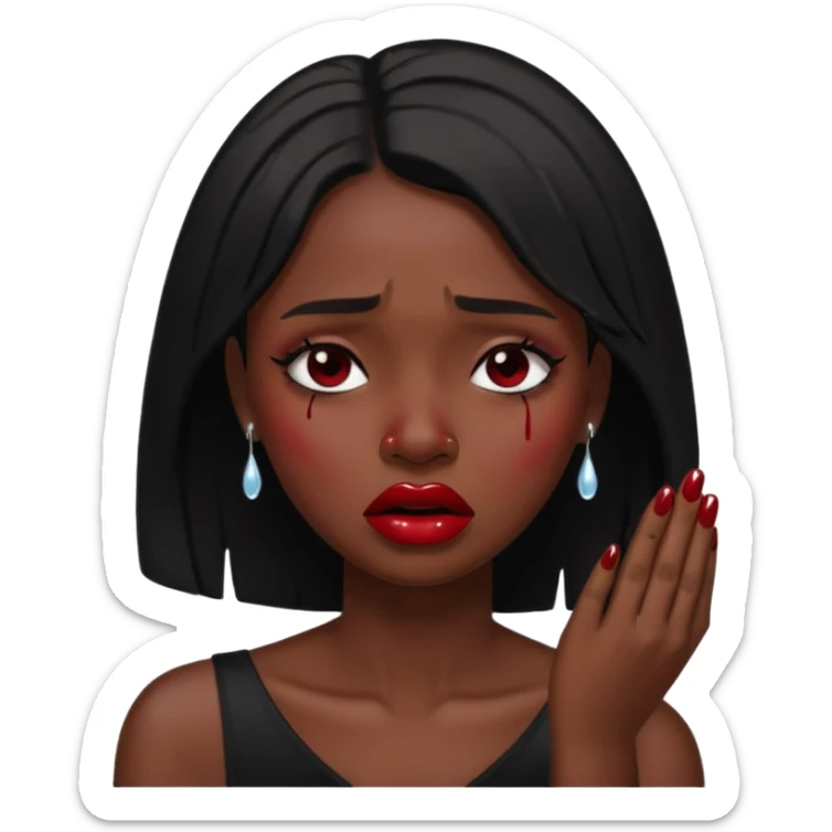 dark skin girl, dark red lipstick, nails very beautiful crying sticker