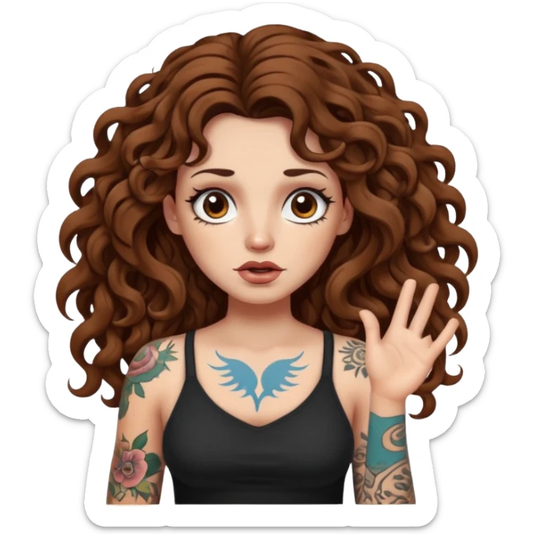 woman with long curly brown hair, brown eyes, white skin, tattoos, shrugging while reality melts like bark sticker