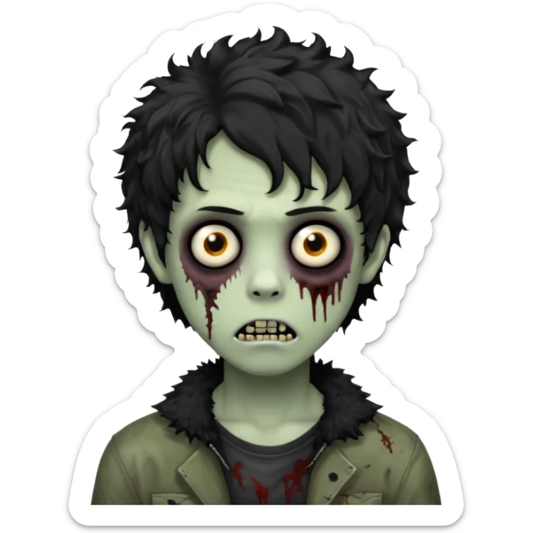 Boy, zombie, black and curly hair, medium long, emo, shaggy, dark, spooky, creepy expression sticker