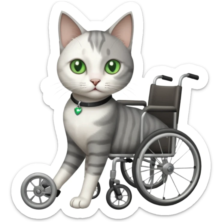 full body small short hair dark grey and white cat with green eyes walking in a wheelchair for cats sticker