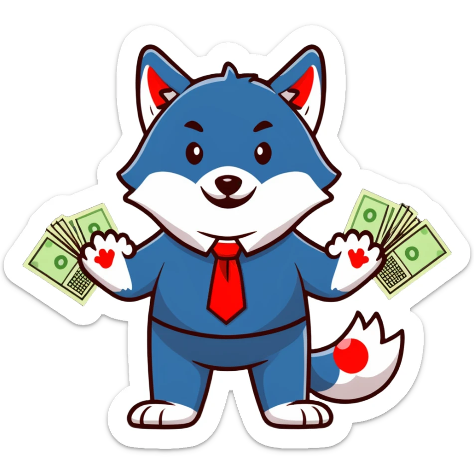 Wolf in football jersey and business tie throwing cash, stock market charts background sticker